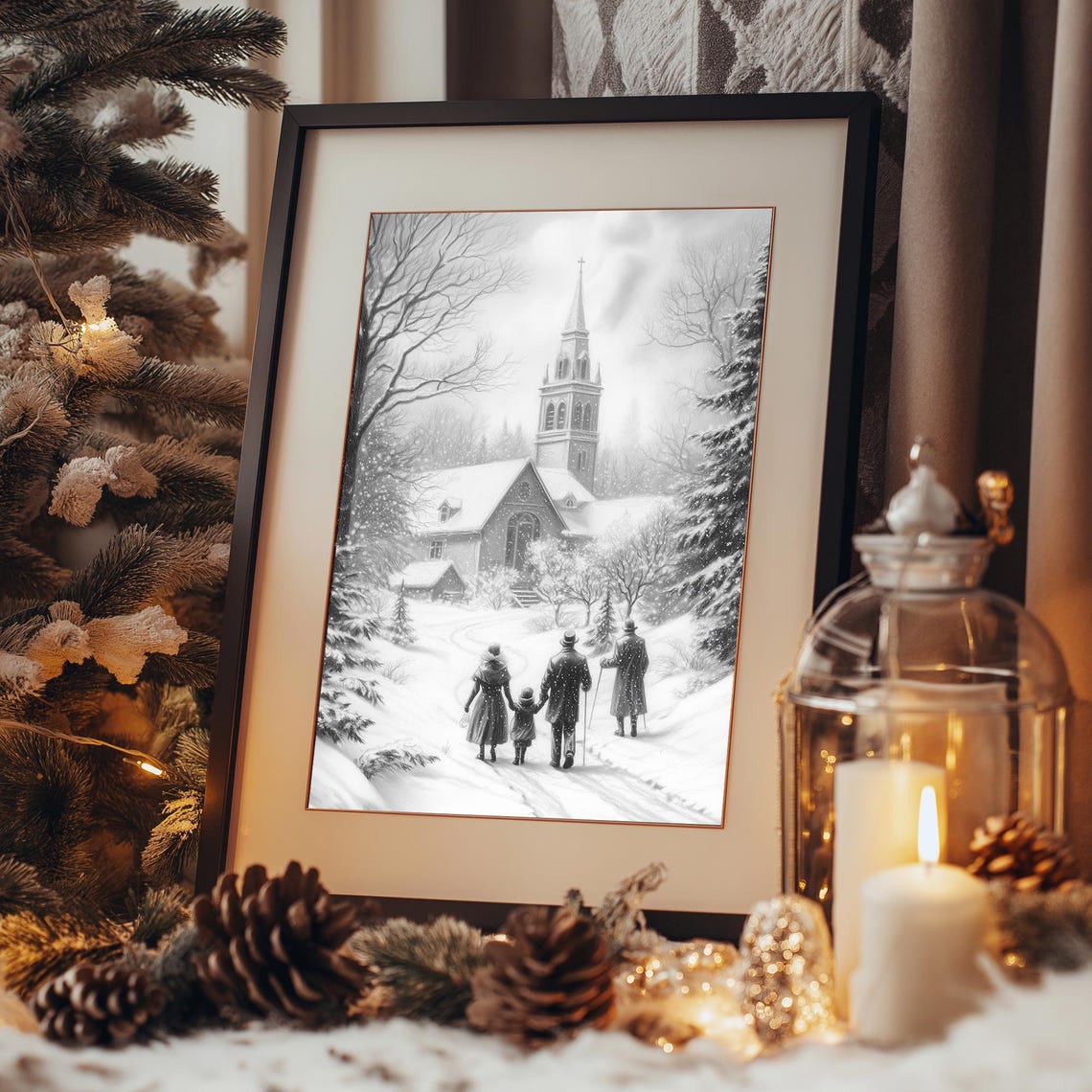 Vintage Christmas Wall Art Family Walk To The Church Christmas Decor Wall Art Winter Holiday Paintings Downloads Print - Image 3
