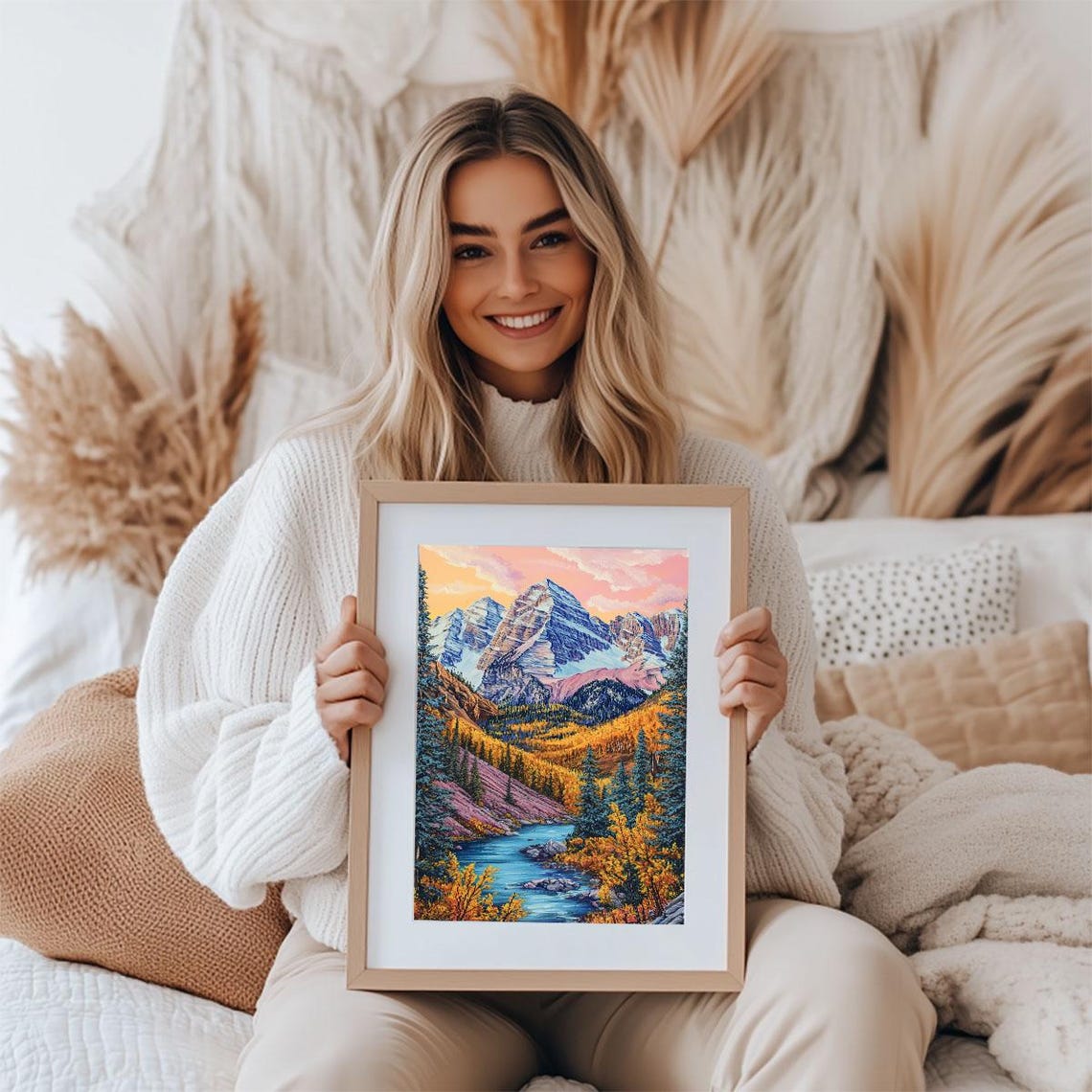 Snow Capped Mountain Peaks Over Autumn Valley River Scenic Art Poster - Image 4