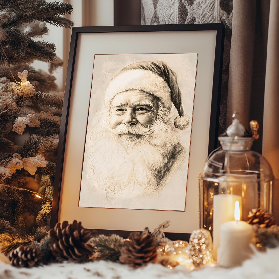 Vintage Santa Claus Portrait Pencil Sketch Sepia Christmas Art Poster - Image 3