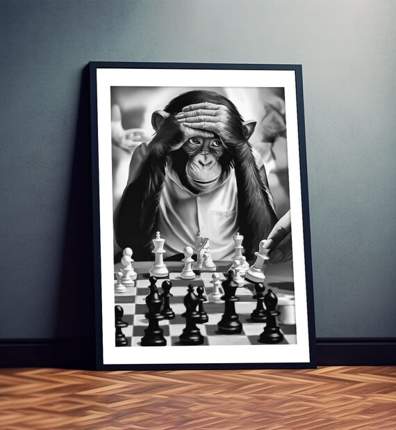 Chimpanzee Playing Chess Funny Black And White Monkey Poster