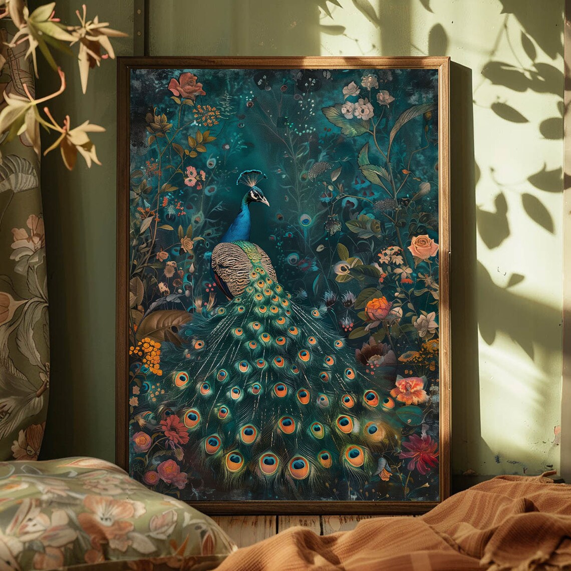 Peacock Fanning Full Tail Teal Floral Garden Elegant Bird Art Poster - Image 4