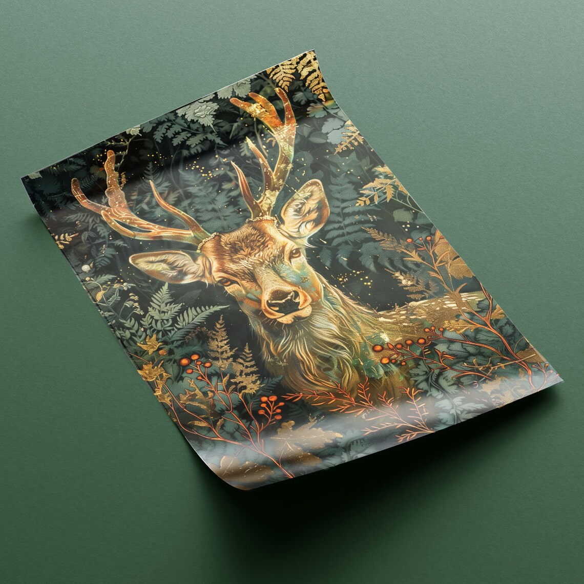 Proud Deer Golden Antlers Midnight Forest Botanical Art Poster - Image 2