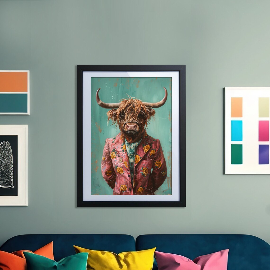 Highland Cow In Floral Pink Blazer Teal Portrait Animal Poster - Image 2