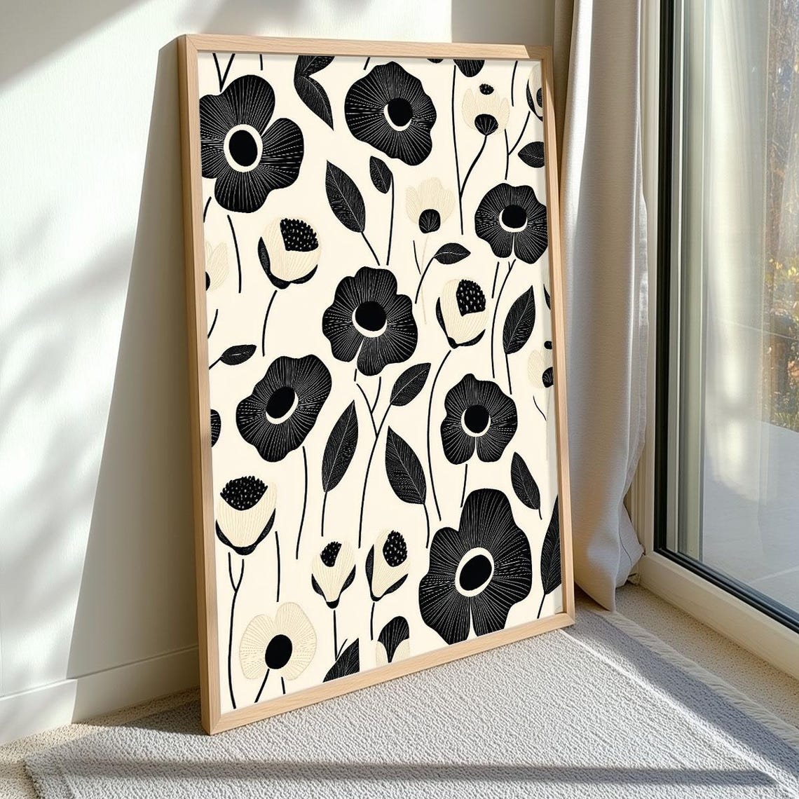 Black and Cream Monochrome Poppy Pattern Modern Floral Wall Art - Image 3