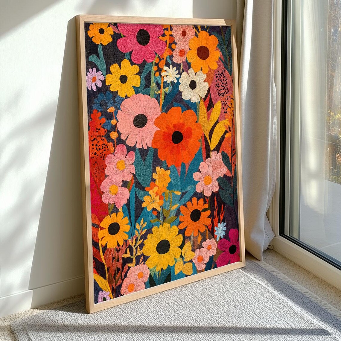 Colorful Wildflower Meadow Folk Art Style Vibrant Floral Garden Poster - Image 3