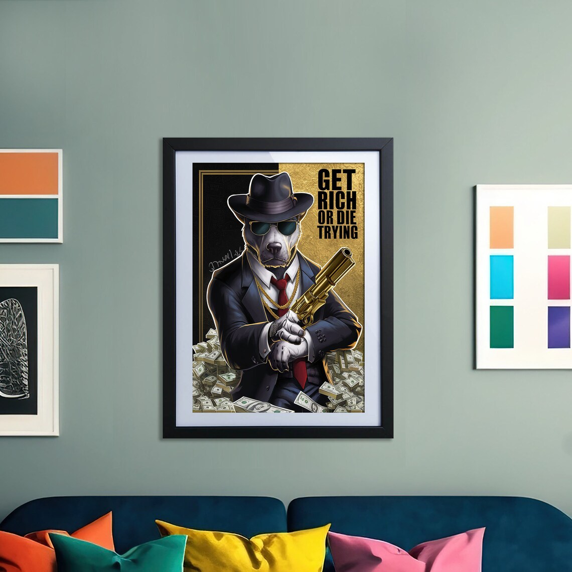 Get Rich Or Die Trying Gangster Dog Suit Gold Gun Money Poster - Image 2