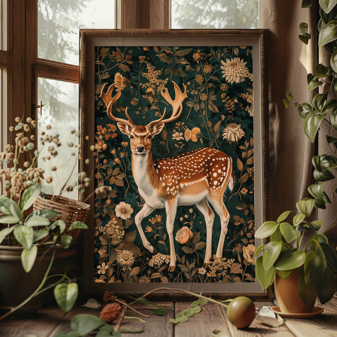 Golden Spotted Deer Stag In Enchanted Floral Forest Elegant Art Poster - Image 3