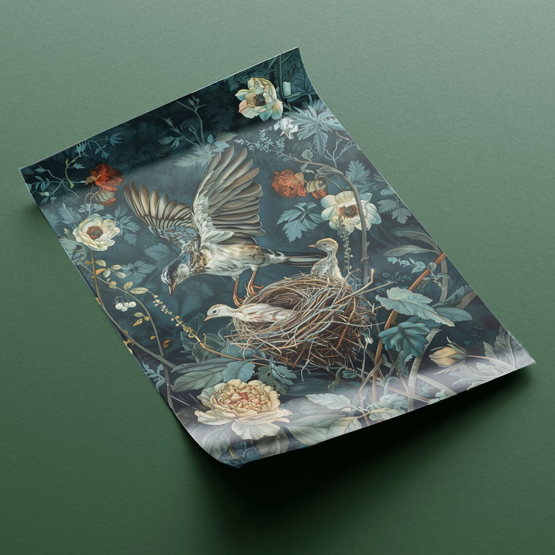 Bird Landing In Nest Moody Botanical Floral Illustration Poster - Image 2