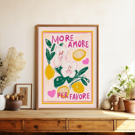 Italian Saying More Amore Art Print, Lemons and Hearts