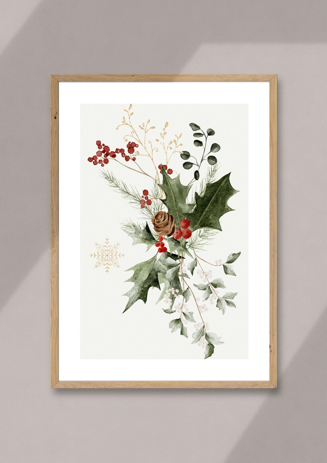 Christmas Floral Wall Art, Holly Berries Poster