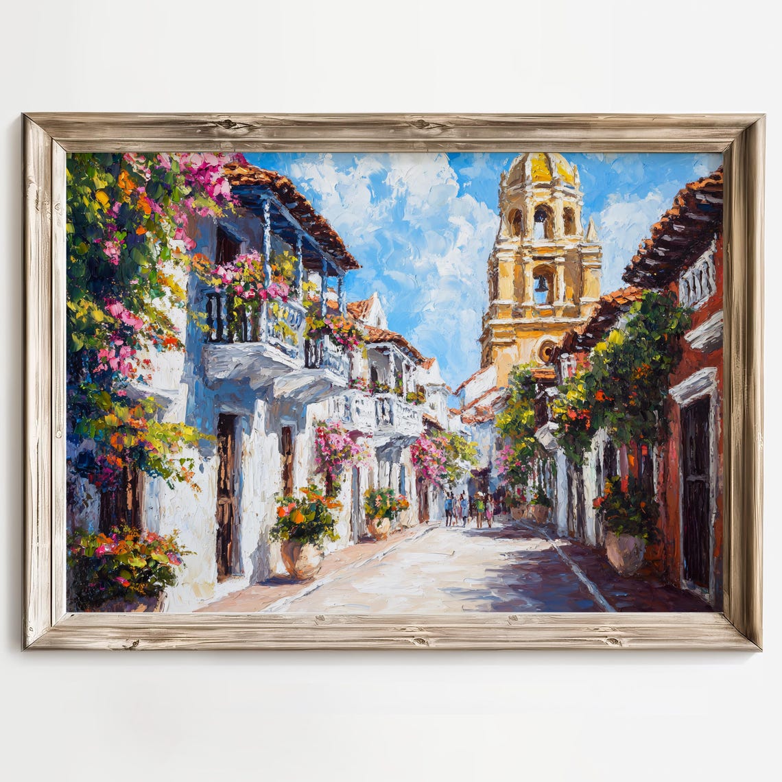 Colorful Colonial Street with Historic Golden Bell Tower Poster - Image 2