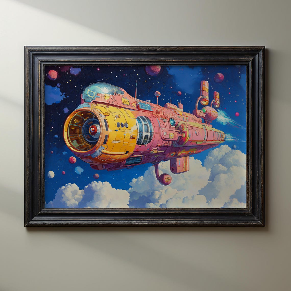 Colorful Retro Rocket Ship Soaring Through Clouds Space Poster - Image 3