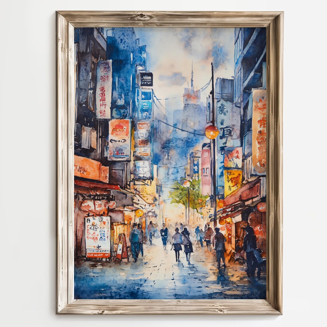 Tokyo Market Street Watercolor Painting at Dusk with Lanterns Poster