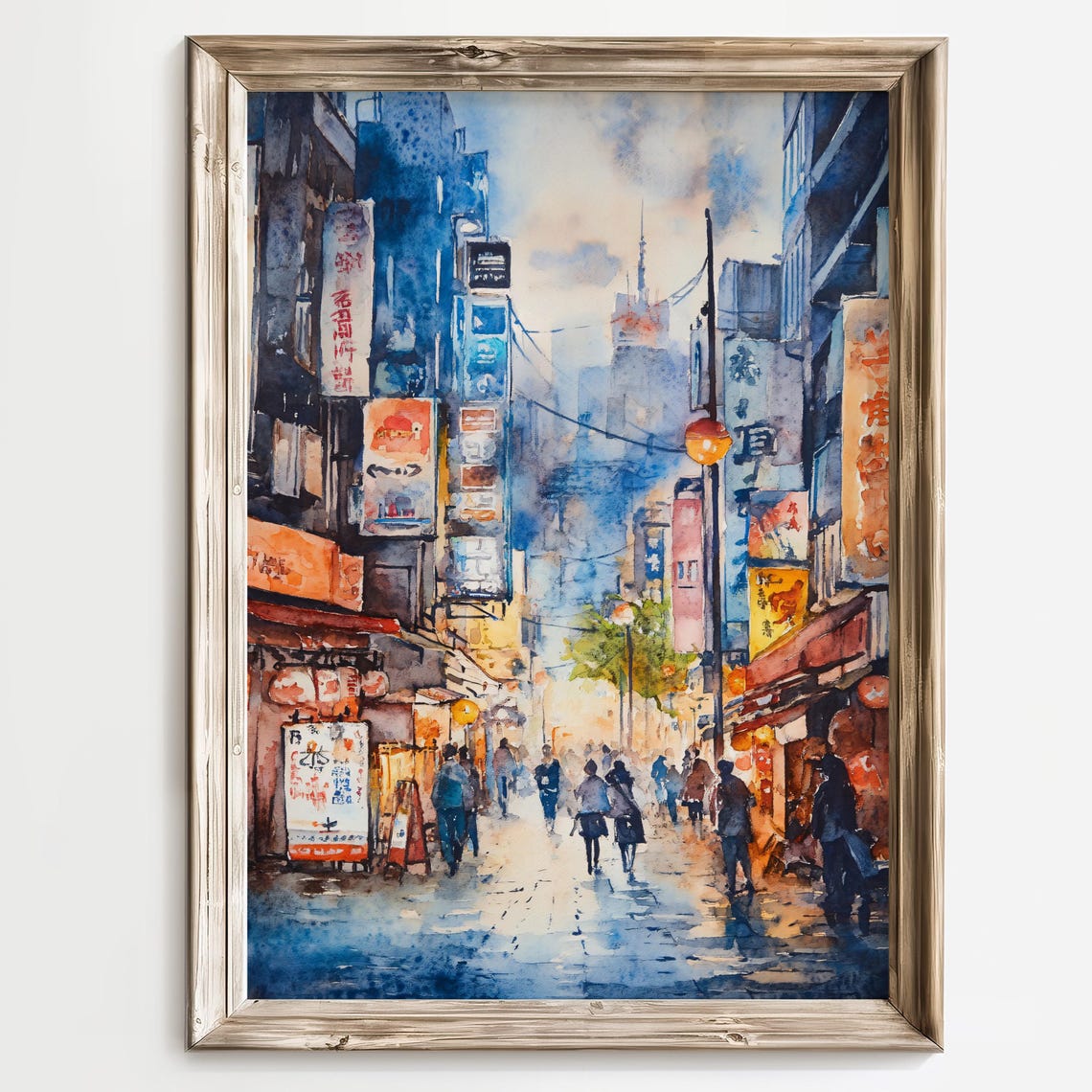 Tokyo Street Scene Print Japanese Night Market Watercolor Downtown Tokyo Painting Neon Lights Painting Japan Travel Poster Wall Decor
