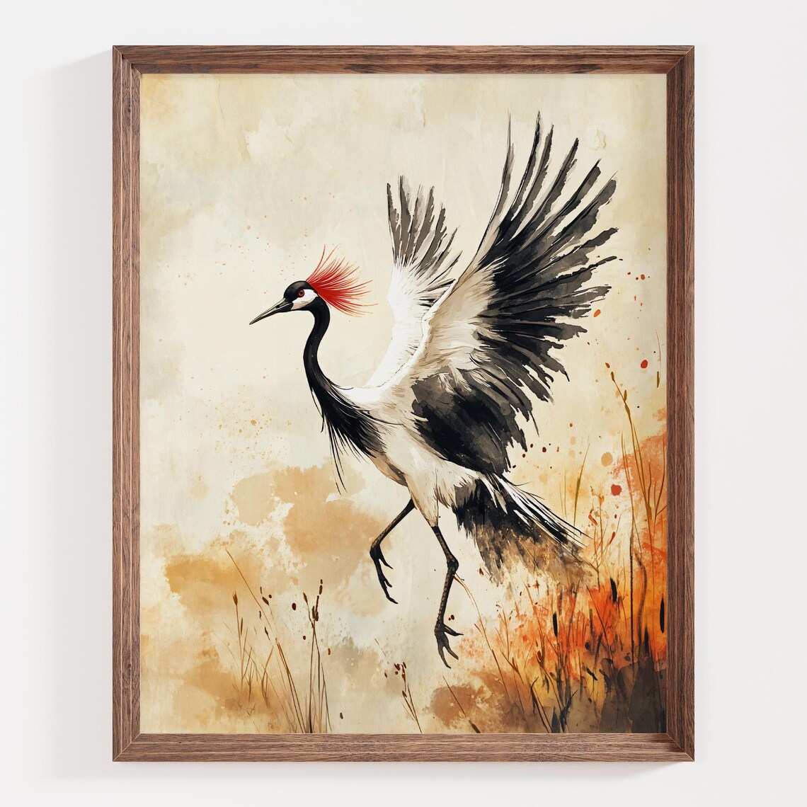 Red Crowned Crane Dancing Watercolor Japanese Bird Painting Poster - Image 4