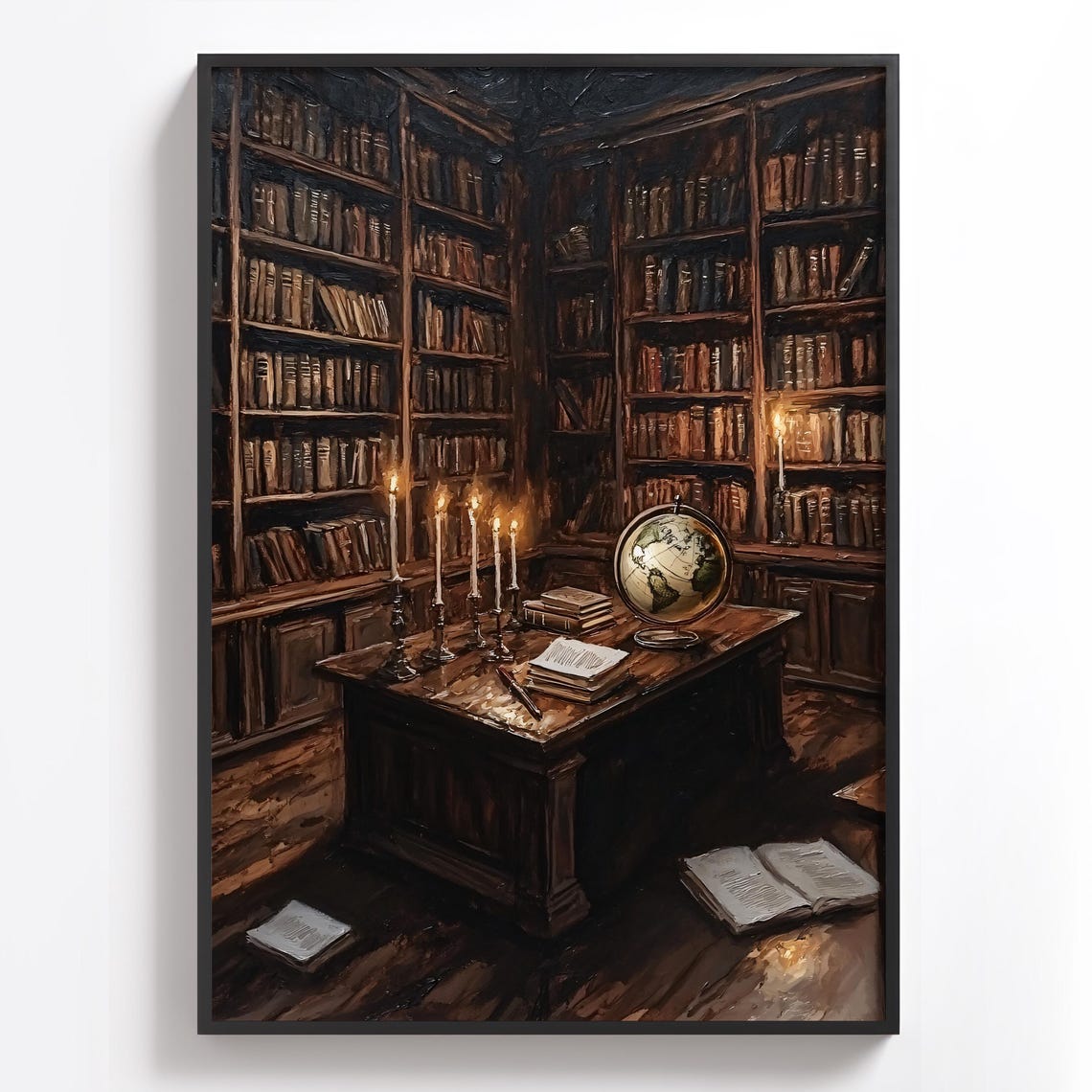 Vintage Library Art Print Dark Academia Art Style Candlelit Room Artwork Antique Book Decor Study Room Wall Art Globe And Books - Image 3