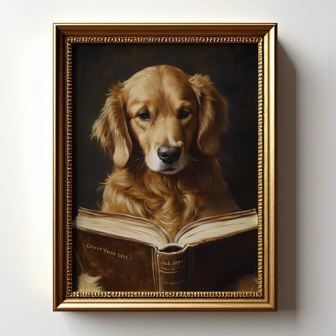Golden Retriever Reading an Open Book Cozy Library Portrait Poster - Image 3
