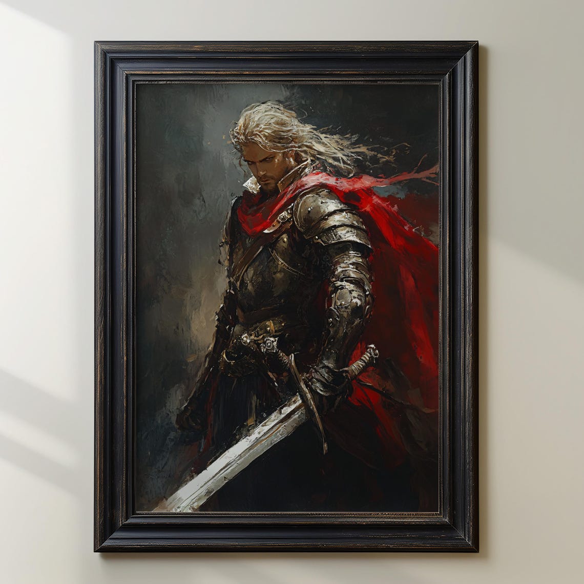 White Haired Knight In Armor Red Cloak Epic Fantasy Warrior Poster