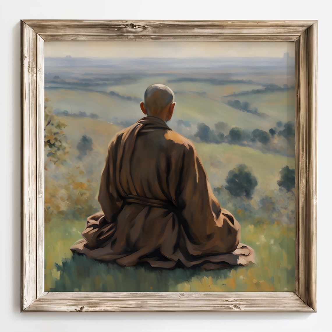 Meditating Monk Overlooking a Vast Green Valley from a Hill Poster - Image 3