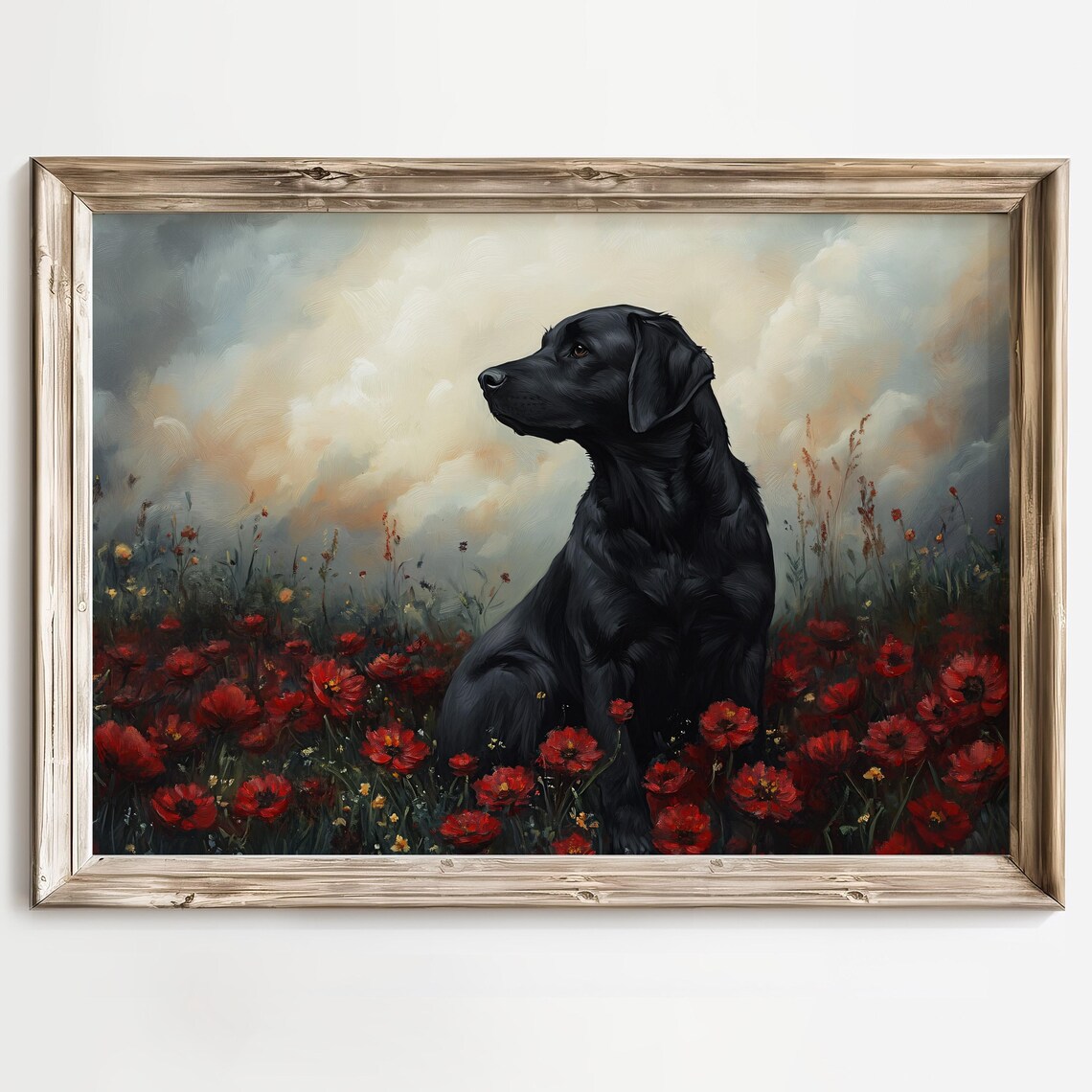 Black Labrador Among Red Poppies Moody Dog Portrait Art Poster