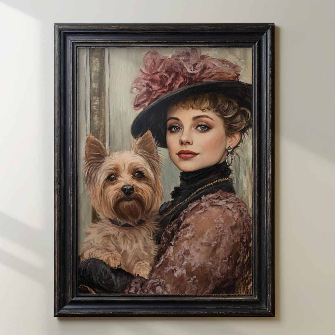 Victorian Lady With a Hat Holding a Yorkshire Terrier Poster