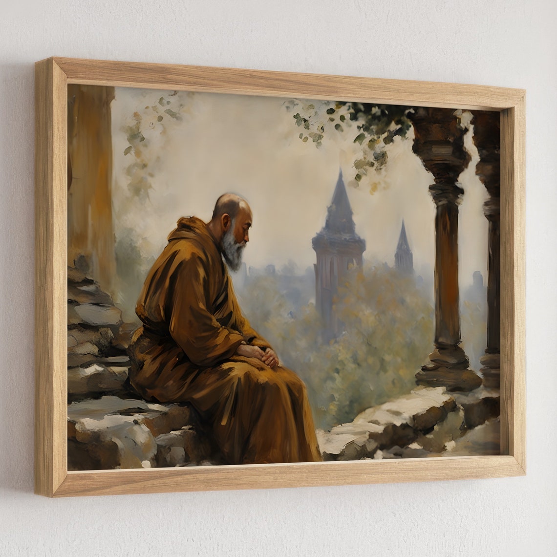 Elderly Monk Sitting on Ruins Overlooking Misty Towers Poster