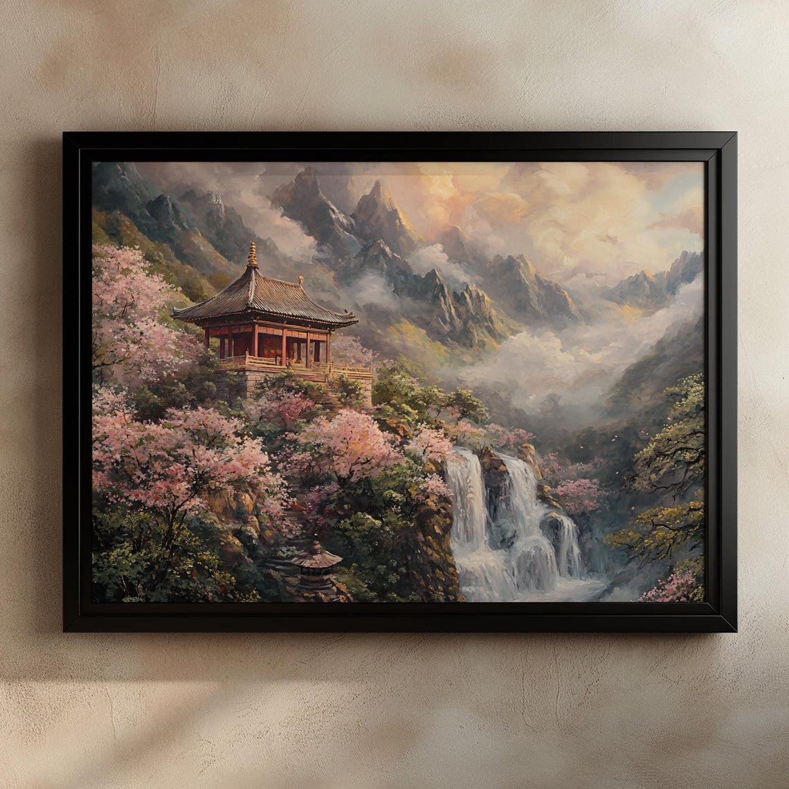 Asian Mountain Pavilion Amid Cherry Blossoms Waterfall Poster - Image 2