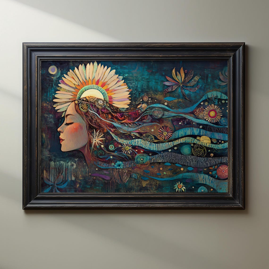 Dreamy Boho Woman with Floral Sun Crown Surreal Night Art Poster - Image 2