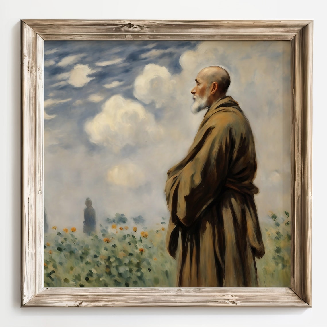 Monk Standing Among Wildflowers Under a Vast Cloudy Sky Poster - Image 2