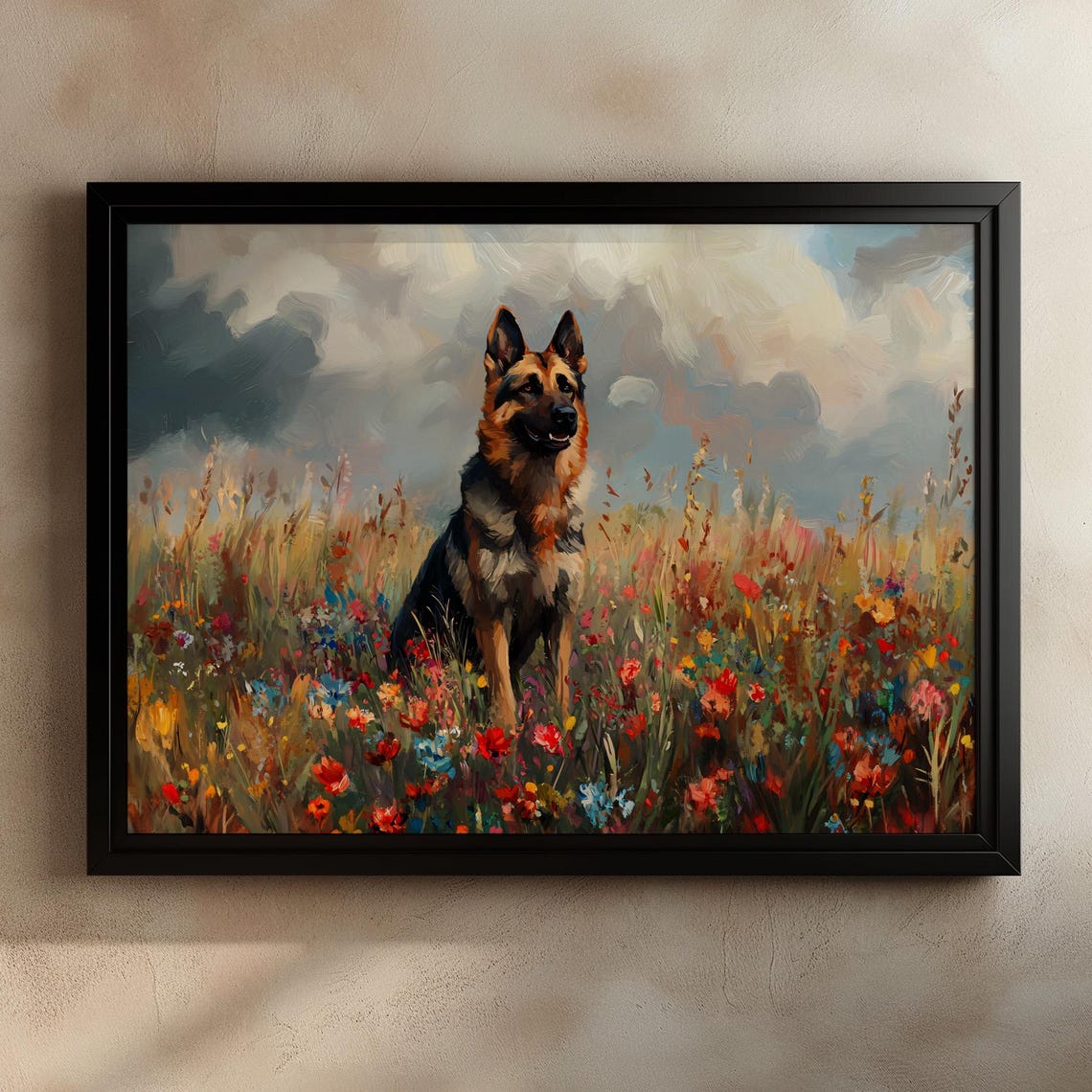 German Shepherd Standing Tall in a Wildflower Meadow Art Poster - Image 3