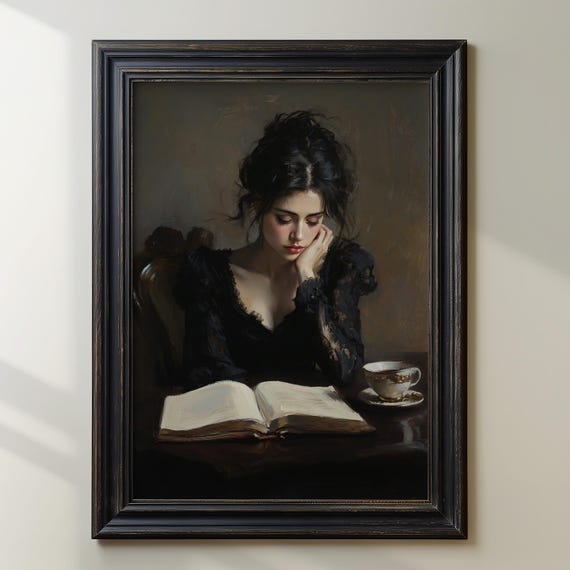 Woman Reading Book Vintage Inspired Art Print Elegant Portrait Cozy Home Decor Feminine Wall Art Coffee Cup Art Quiet Moments Wall Art