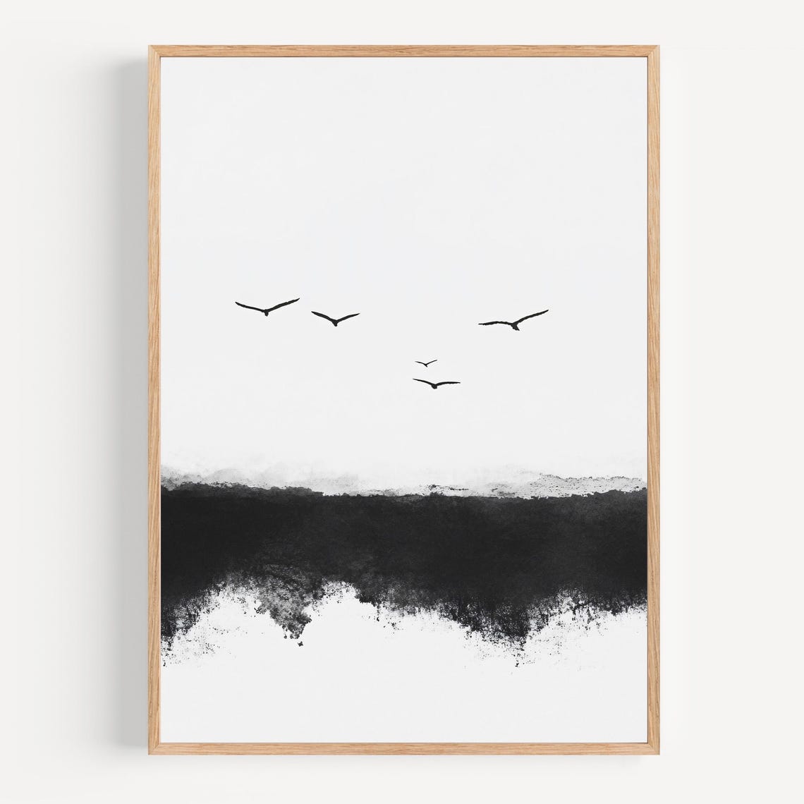 Minimalist Black Birds Flying Over a Dark Ink Shoreline Print - Image 2