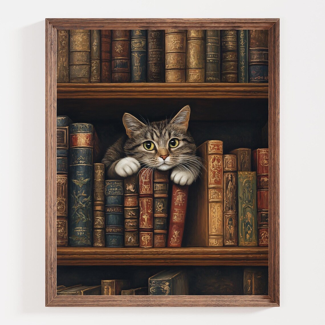 Cat In Bookshelf Vintage Library Art Print - Image 3