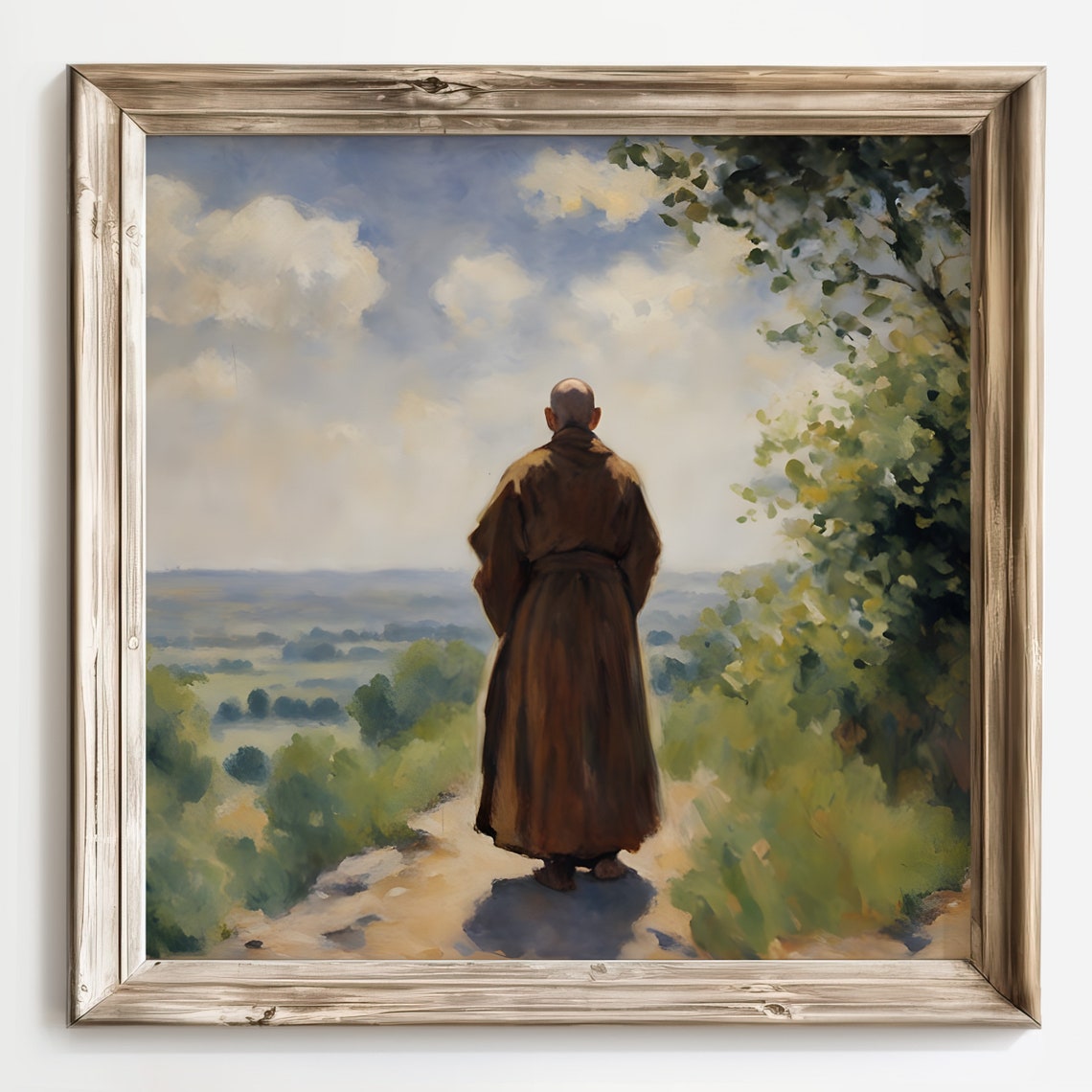 Monk Standing on a Hill Path Overlooking a Misty Valley Poster - Image 3