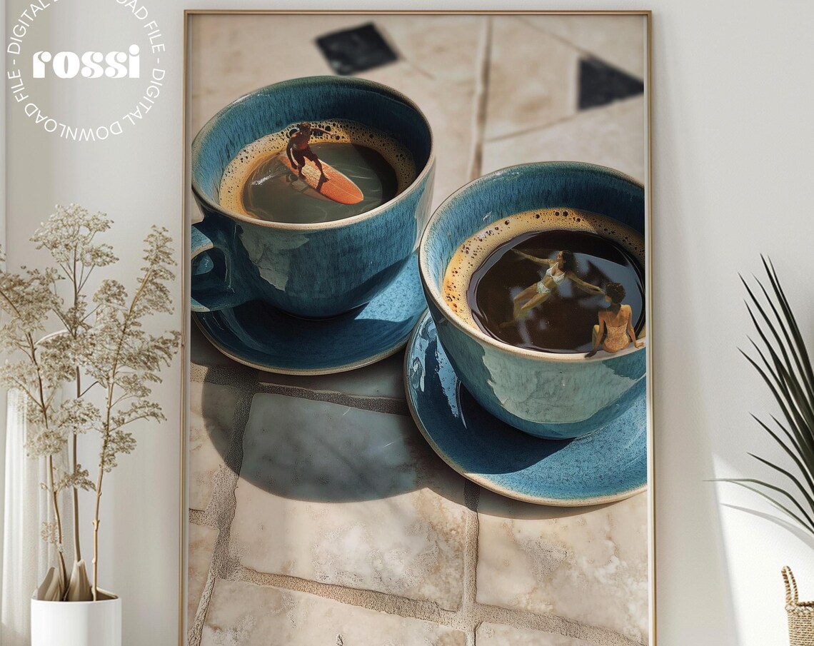 Tiny Surfers Swimming In Blue Coffee Cups Surreal Art Poster