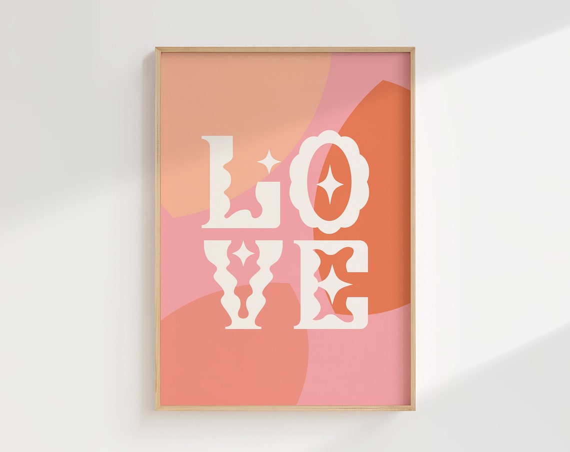 Retro LOVE Typography Poster with Pink and Orange Wavy Background