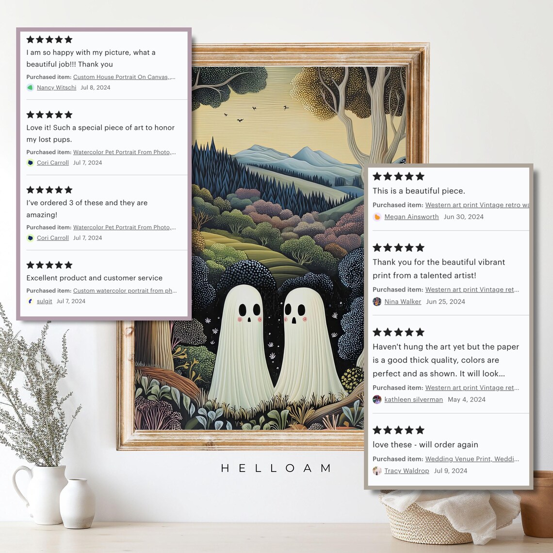 Two Cute Ghosts in Flower Woods, Gothic Art Print - Image 4