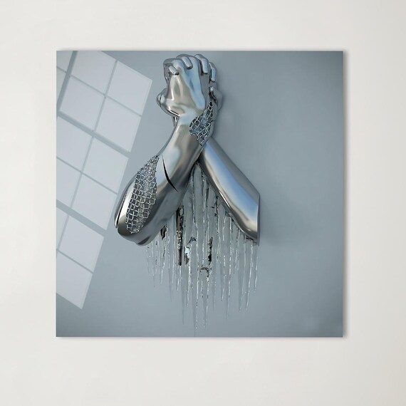 Chrome Silver Melting Hands Sculpture Futuristic Metallic Art Poster