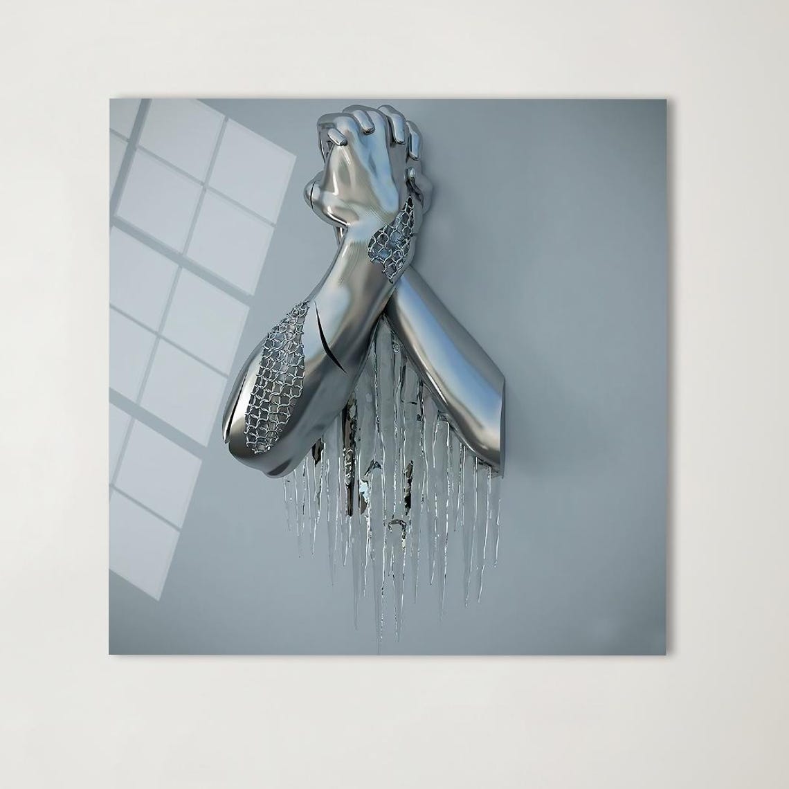 Chrome Silver Melting Hands Sculpture Futuristic Metallic Art Poster