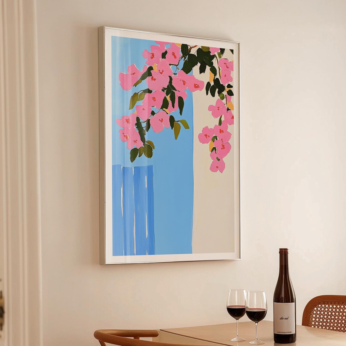 Pink Bougainvillea Blossoms Blue Coastal Greek Island Art Print
