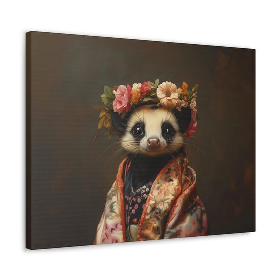 Maximalist Eclectic Possum Fashionista Print Bold Altered Animal Portrait Fantasy Fun Colorful Flowery Rustic Vintage Floral Art