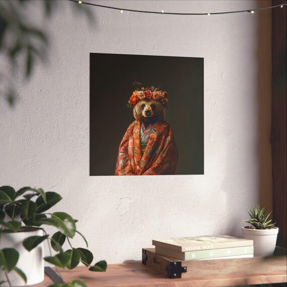 Bear in Floral Kimono With Flower Crown Noble Portrait Poster