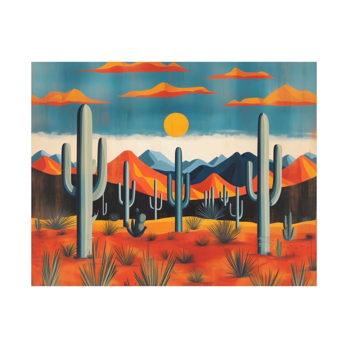 Utah Desert Landscape With Saguaro Cacti Under Orange Sky Poster - Image 3
