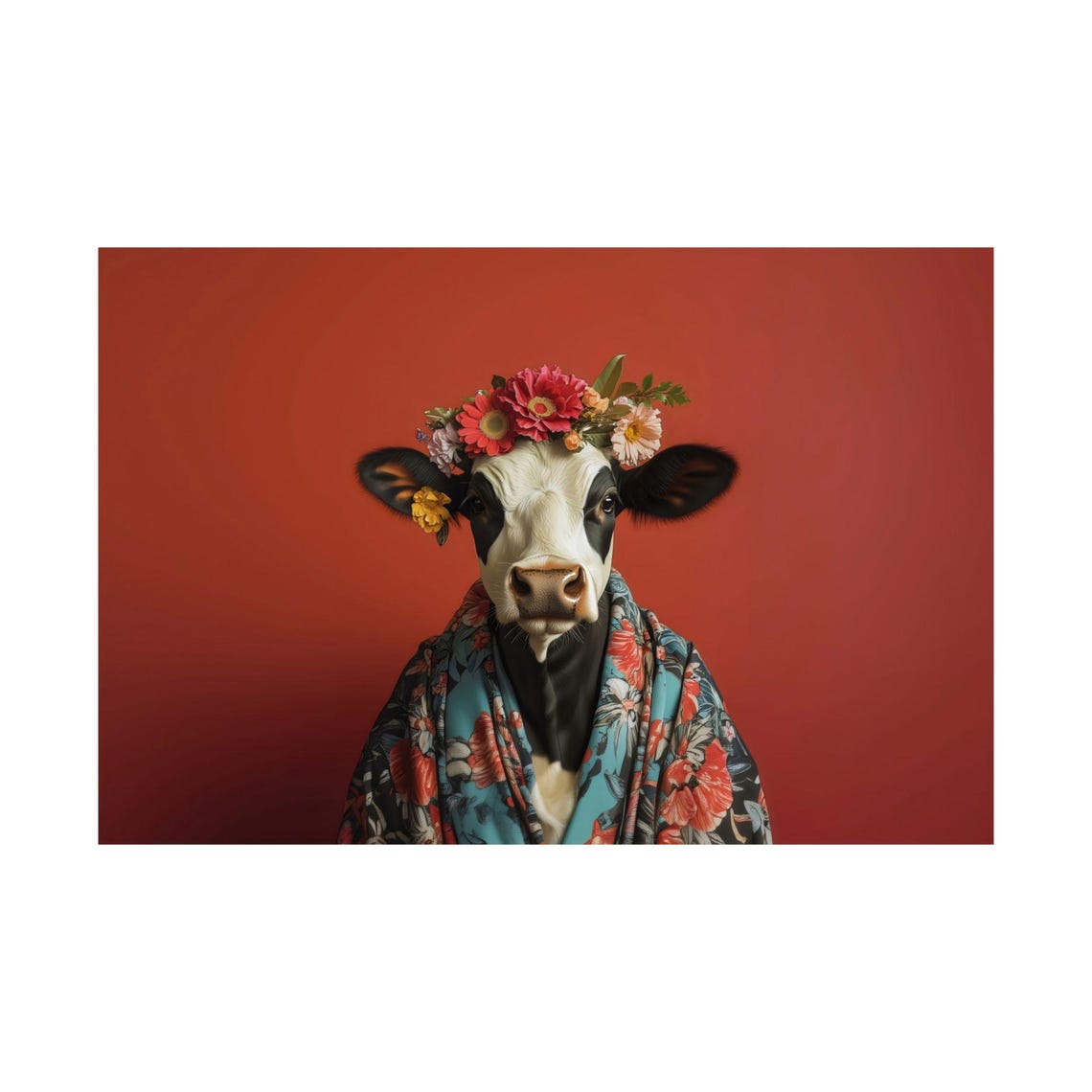 Holstein Cow Flower Crown Teal Kimono Red Background Animal Poster - Image 2