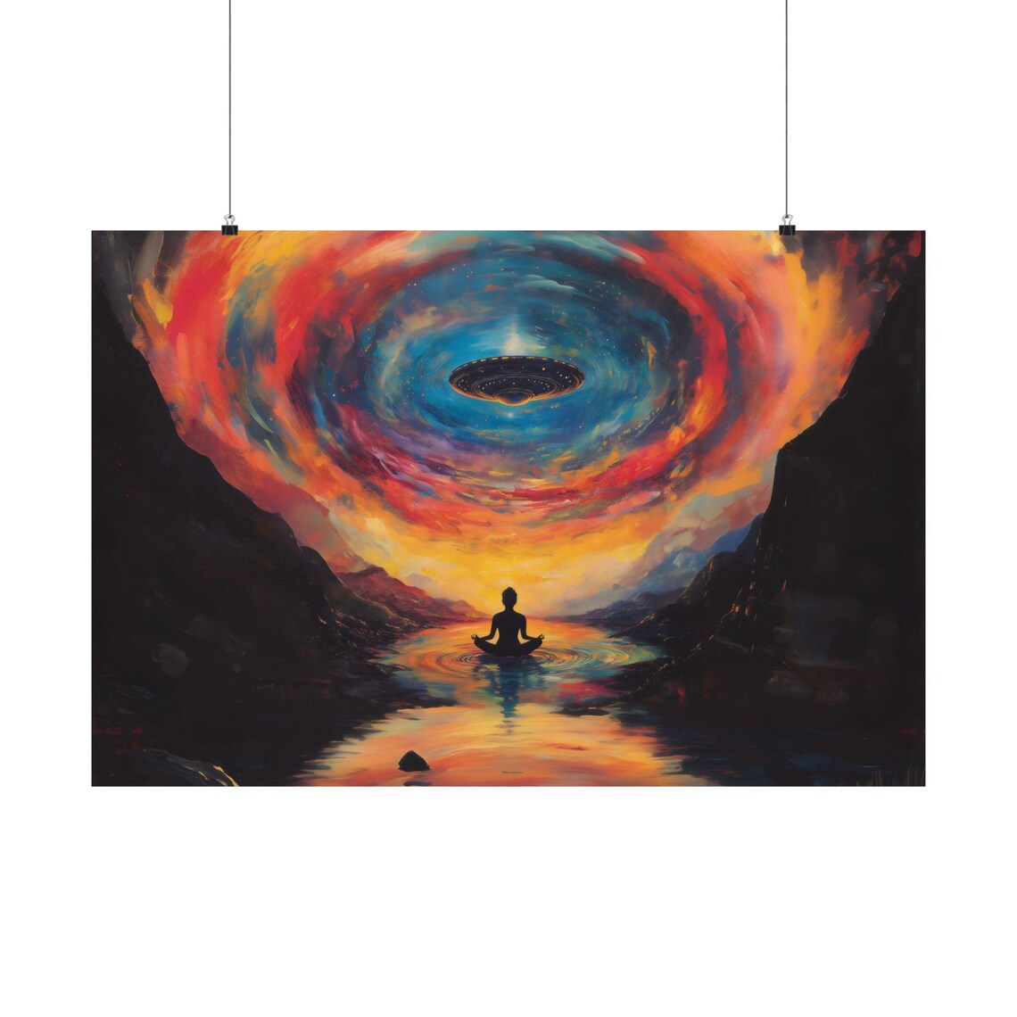 Lone Meditator Beneath UFO in Swirling Red Galaxy Canyon Poster