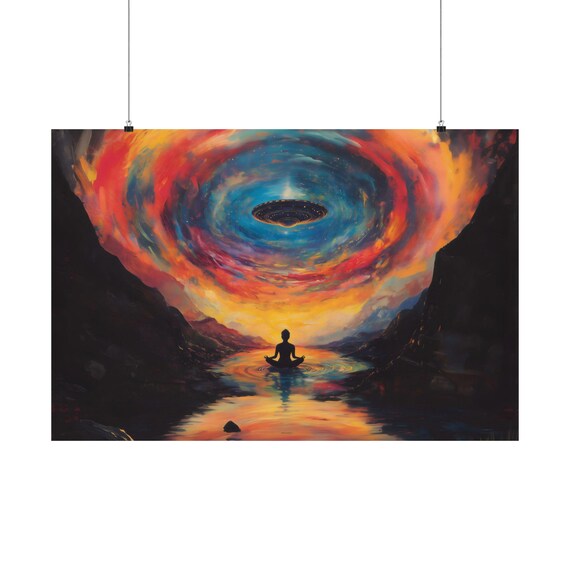 Lone Meditator Beneath UFO in Swirling Red Galaxy Canyon Poster
