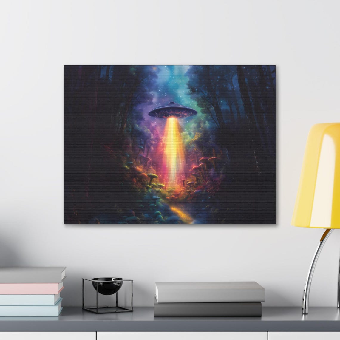 Glowing UFO Over Colorful Mushroom Forest on Starry Night Poster - Image 2