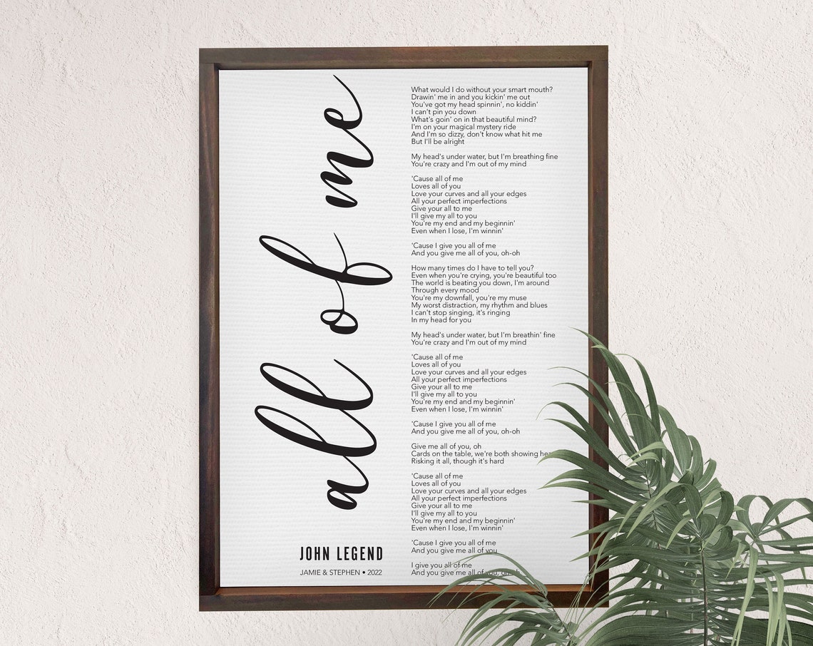 John Legend All of Me Song Lyrics Personalized Couples Wedding Poster