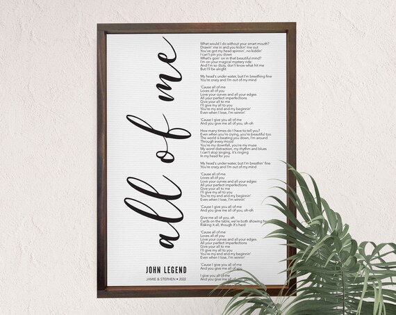 All of Me John Legend Personalized Lyrics Couple Wedding Keepsake Wall Poster
