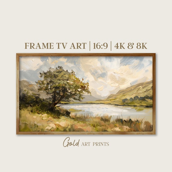 Frame Tv Art Vintage Countryside Meadow Painting Peaceful Tree And River Reflection 4k 8k Gap24040